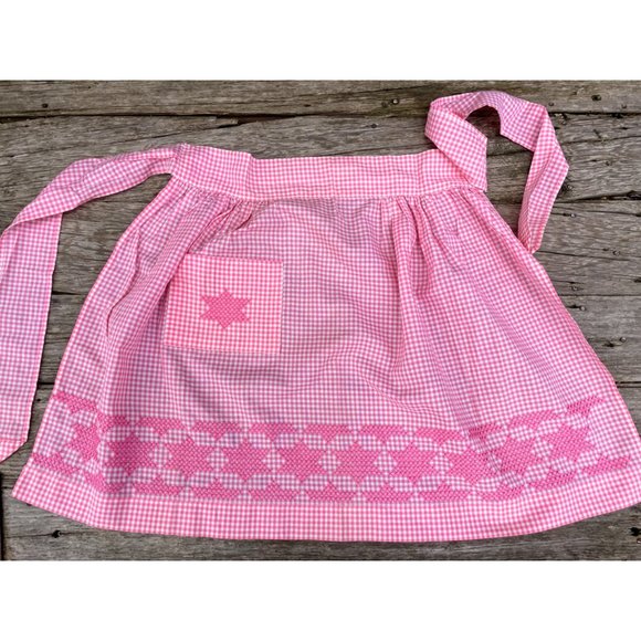 Vintage 1950s Half Apron Pink Gingham Check Smocked Stars Farmhouse - Picture 10 of 16
